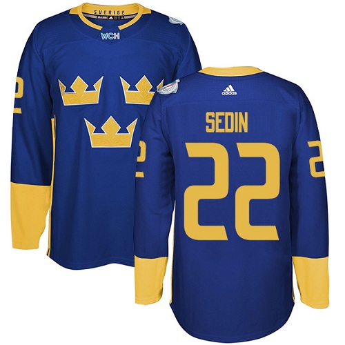Men's Adidas Team Sweden #22 Daniel Sedin Premier Royal Blue Away 2016 World Cup of Hockey Jersey