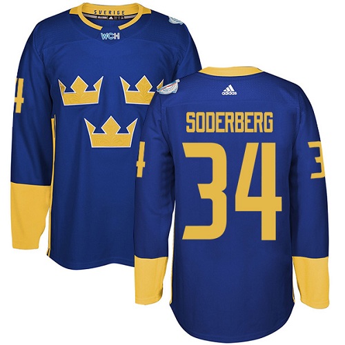 Men's Adidas Team Sweden #34 Carl Soderberg Premier Royal Blue Away 2016 World Cup of Hockey Jersey