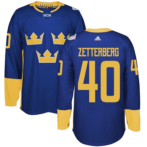 Men's Adidas Team Sweden #40 Henrik Zetterberg Premier Royal Blue Away 2016 World Cup of Hockey Jersey