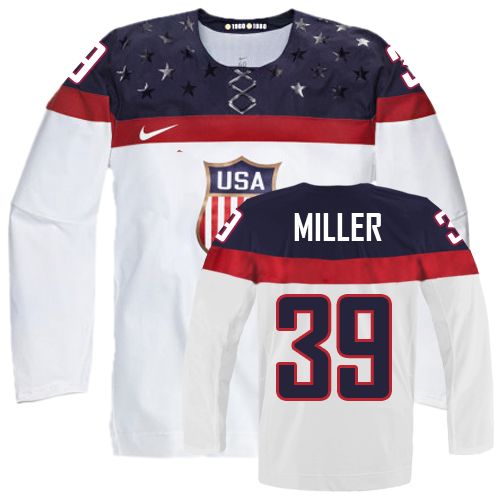 Men's Nike Team USA #39 Ryan Miller Authentic White Home 2014 Olympic Hockey Jersey