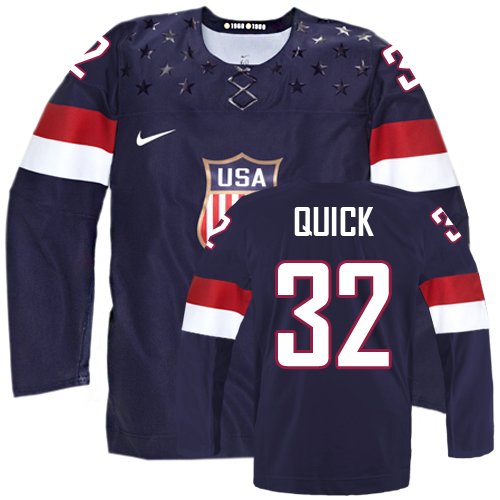 Men's Nike Team USA #32 Jonathan Quick Authentic Navy Blue Away 2014 Olympic Hockey Jersey