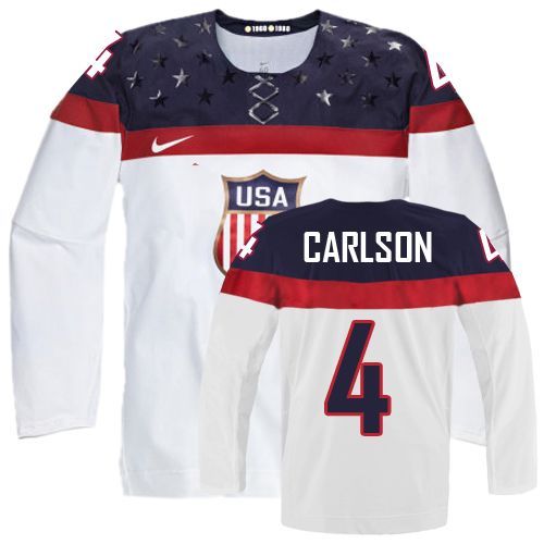 Men's Nike Team USA #4 John Carlson Authentic White Home 2014 Olympic Hockey Jersey