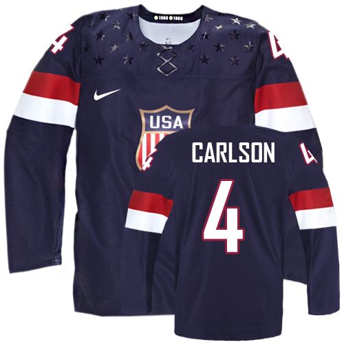 Men's Nike Team USA #4 John Carlson Authentic Navy Blue Away 2014 Olympic Hockey Jersey