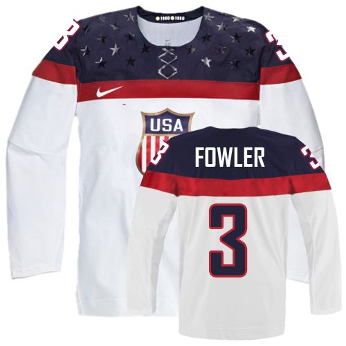 Men's Nike Team USA #3 Cam Fowler Authentic White Home 2014 Olympic Hockey Jersey