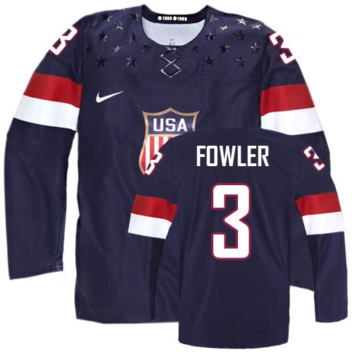 Men's Nike Team USA #3 Cam Fowler Authentic Navy Blue Away 2014 Olympic Hockey Jersey