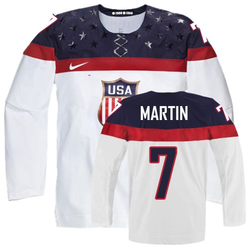Men's Nike Team USA #7 Paul Martin Authentic White Home 2014 Olympic Hockey Jersey