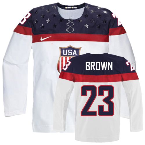 Men's Nike Team USA #23 Dustin Brown Authentic White Home 2014 Olympic Hockey Jersey