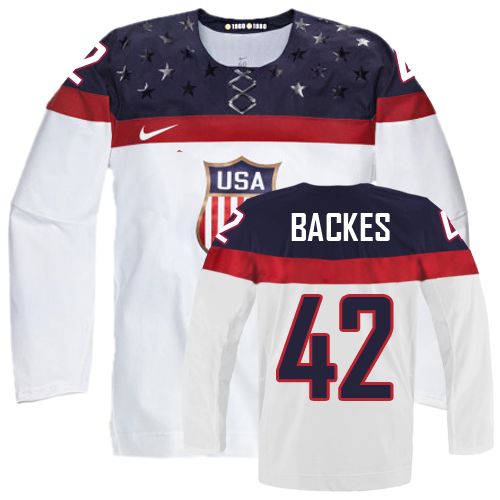 Men's Nike Team USA #42 David Backes Authentic White Home 2014 Olympic Hockey Jersey