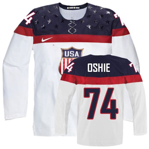 Men's Nike Team USA #74 T. J. Oshie Authentic White Home 2014 Olympic Hockey Jersey