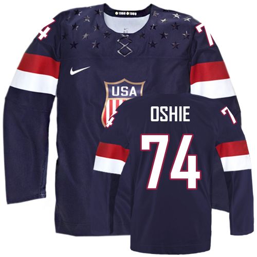 Men's Nike Team USA #74 T. J. Oshie Authentic Navy Blue Away 2014 Olympic Hockey Jersey