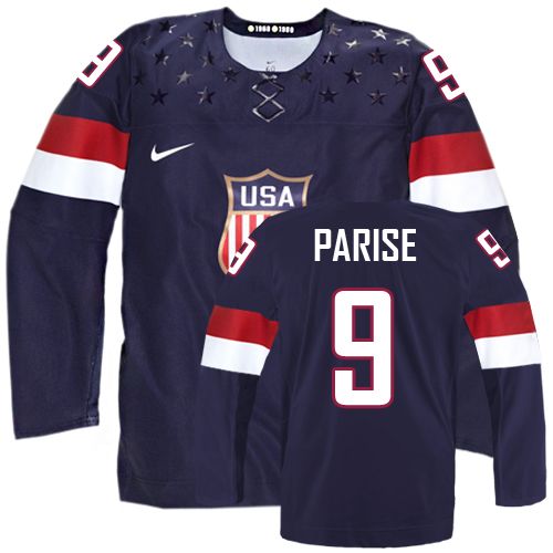 Men's Nike Team USA #9 Zach Parise Authentic Navy Blue Away 2014 Olympic Hockey Jersey