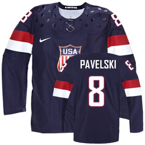 Men's Nike Team USA #8 Joe Pavelski Authentic Navy Blue Away 2014 Olympic Hockey Jersey