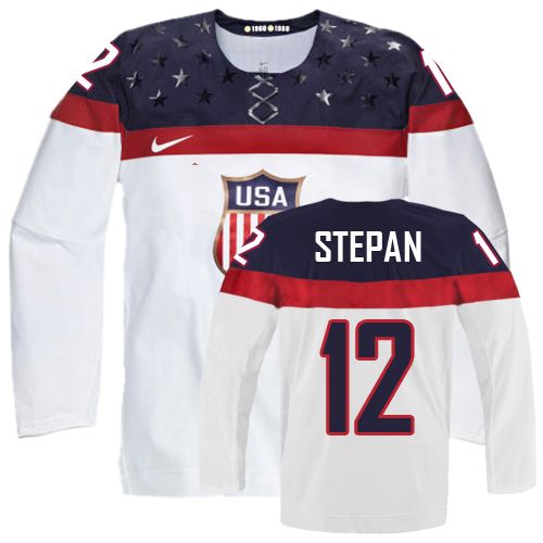 Men's Nike Team USA #12 Derek Stepan Authentic White Home 2014 Olympic Hockey Jersey