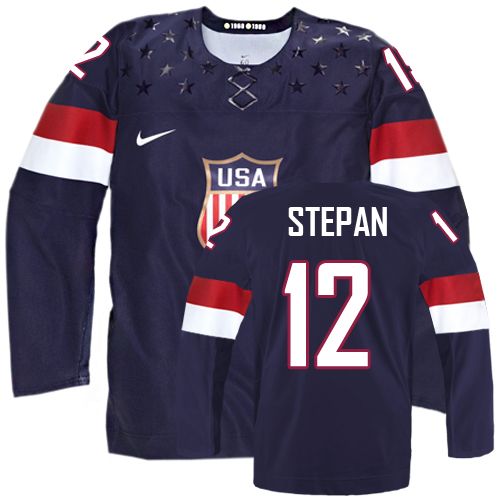 Men's Nike Team USA #12 Derek Stepan Authentic Navy Blue Away 2014 Olympic Hockey Jersey