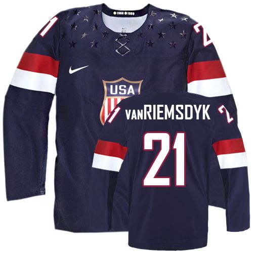 Men's Nike Team USA #21 James van Riemsdyk Premier Navy Blue Away 2014 Olympic Hockey Jersey