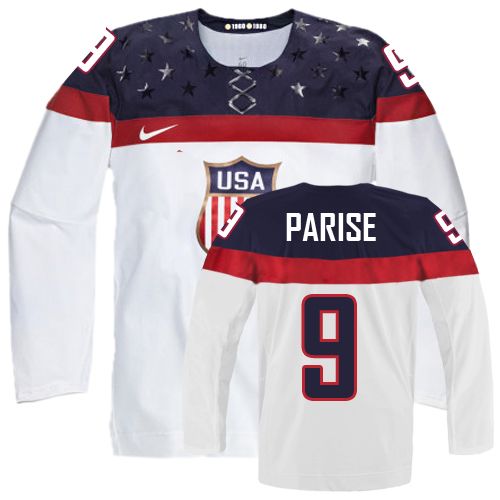 Youth Nike Team USA #9 Zach Parise Authentic White Home 2014 Olympic Hockey Jersey