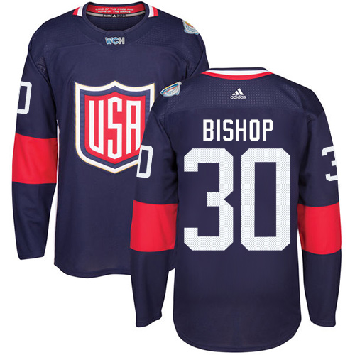 Men's Adidas Team USA #30 Ben Bishop Authentic Navy Blue Away 2016 World Cup Hockey Jersey