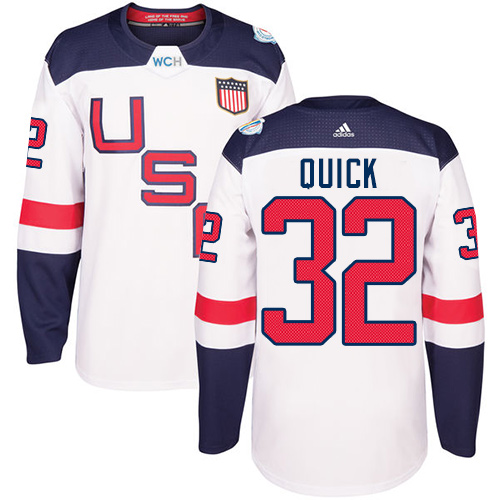 Men's Adidas Team USA #32 Jonathan Quick Premier White Home 2016 World Cup Hockey Jersey