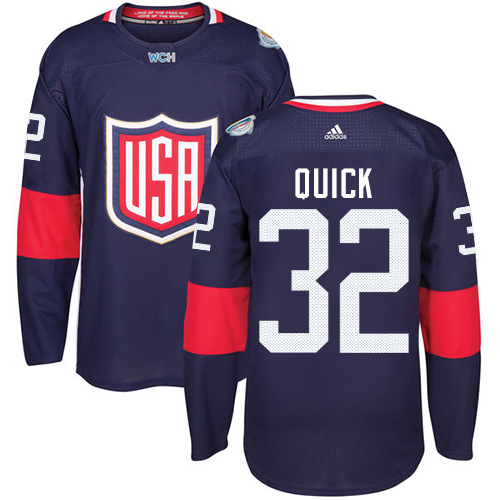 Men's Adidas Team USA #32 Jonathan Quick Authentic Navy Blue Away 2016 World Cup Hockey Jersey