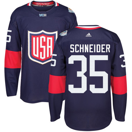 Men's Adidas Team USA #35 Cory Schneider Authentic Navy Blue Away 2016 World Cup Hockey Jersey