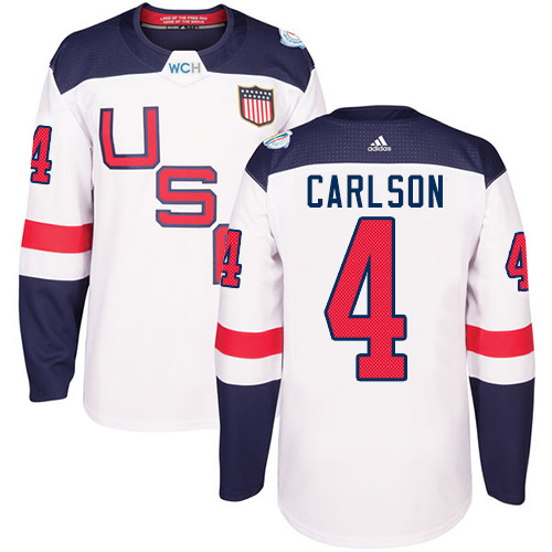 Men's Adidas Team USA #4 John Carlson Premier White Home 2016 World Cup Hockey Jersey