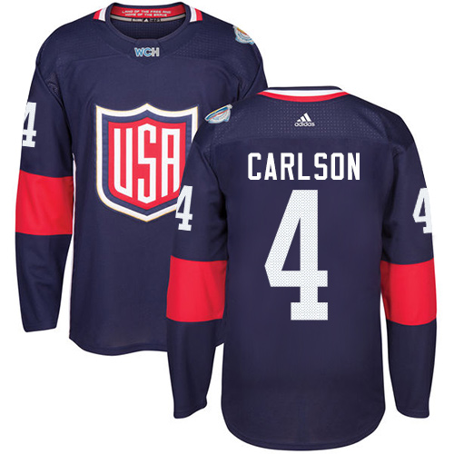 Men's Adidas Team USA #4 John Carlson Authentic Navy Blue Away 2016 World Cup Hockey Jersey