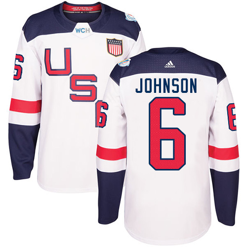 Men's Adidas Team USA #6 Erik Johnson Authentic White Home 2016 World Cup Hockey Jersey