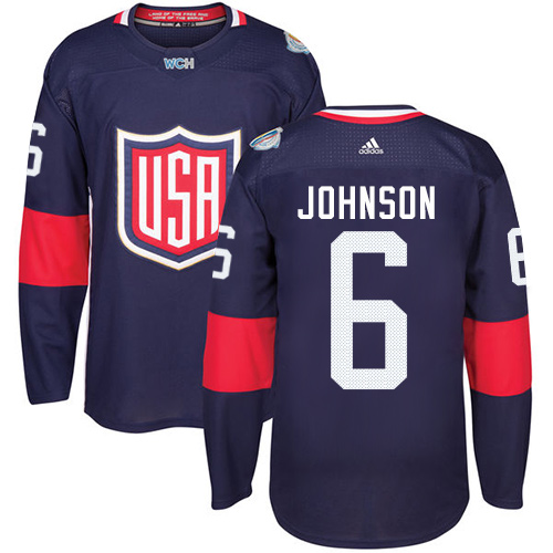 Men's Adidas Team USA #6 Erik Johnson Authentic Navy Blue Away 2016 World Cup Hockey Jersey