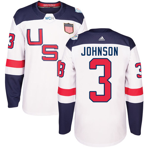Men's Adidas Team USA #3 Jack Johnson Premier White Home 2016 World Cup Hockey Jersey
