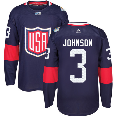 Men's Adidas Team USA #3 Jack Johnson Authentic Navy Blue Away 2016 World Cup Hockey Jersey