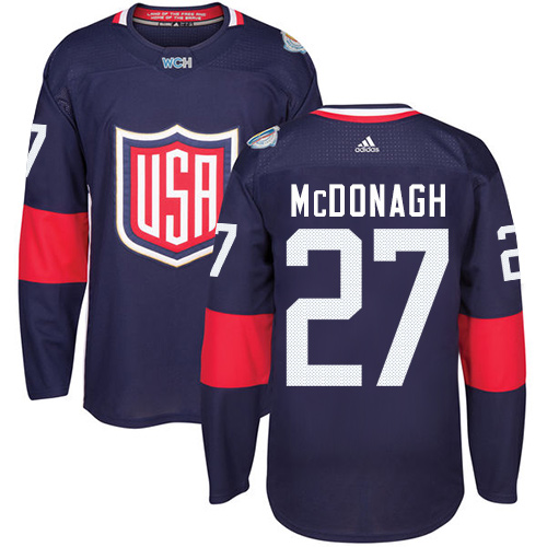 Men's Adidas Team USA #27 Ryan McDonagh Authentic Navy Blue Away 2016 World Cup Hockey Jersey