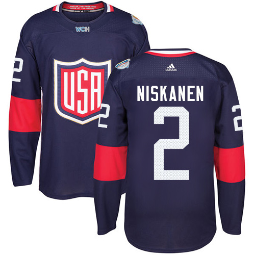Men's Adidas Team USA #2 Matt Niskanen Authentic Navy Blue Away 2016 World Cup Hockey Jersey