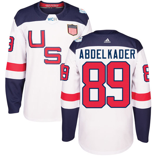 Men's Adidas Team USA #89 Justin Abdelkader Premier White Home 2016 World Cup Hockey Jersey