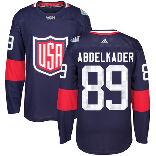 Men's Adidas Team USA #89 Justin Abdelkader Authentic Navy Blue Away 2016 World Cup Hockey Jersey