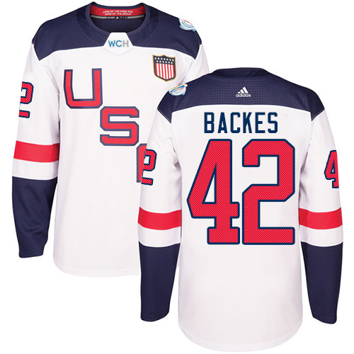Men's Adidas Team USA #42 David Backes Authentic White Home 2016 World Cup Hockey Jersey