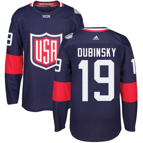 Men's Adidas Team USA #19 Brandon Dubinsky Authentic Navy Blue Away 2016 World Cup Hockey Jersey