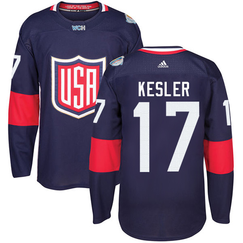 Men's Adidas Team USA #17 Ryan Kesler Authentic Navy Blue Away 2016 World Cup Hockey Jersey