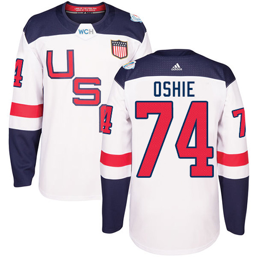 Men's Adidas Team USA #74 T. J. Oshie Premier White Home 2016 World Cup Hockey Jersey