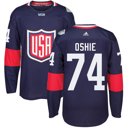Men's Adidas Team USA #74 T. J. Oshie Authentic Navy Blue Away 2016 World Cup Hockey Jersey