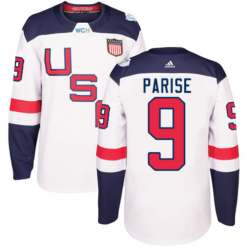 Men's Adidas Team USA #9 Zach Parise Authentic White Home 2016 World Cup Hockey Jersey