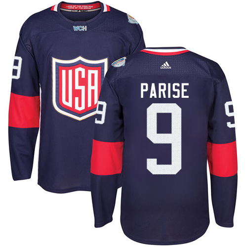 Men's Adidas Team USA #9 Zach Parise Premier Navy Blue Away 2016 World Cup Hockey Jersey