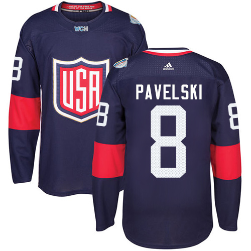 Men's Adidas Team USA #8 Joe Pavelski Authentic Navy Blue Away 2016 World Cup Hockey Jersey