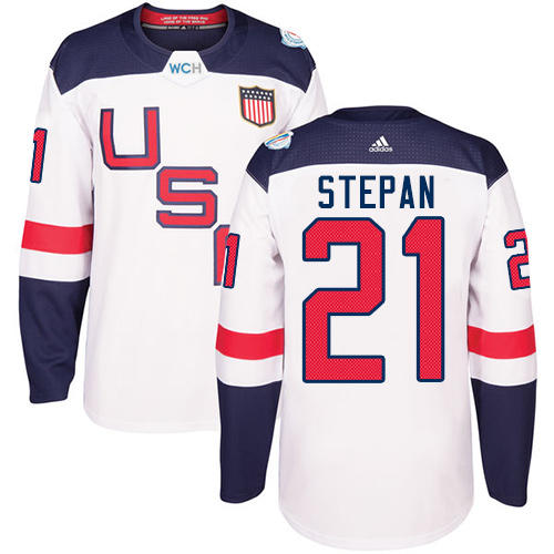 Men's Adidas Team USA #21 Derek Stepan Premier White Home 2016 World Cup Hockey Jersey