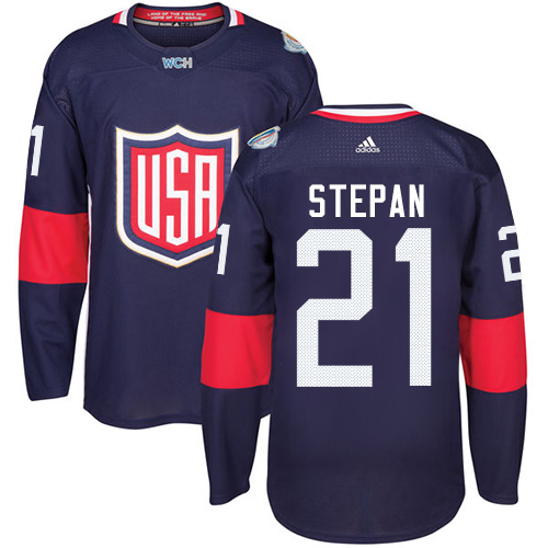 Men's Adidas Team USA #21 Derek Stepan Authentic Navy Blue Away 2016 World Cup Hockey Jersey