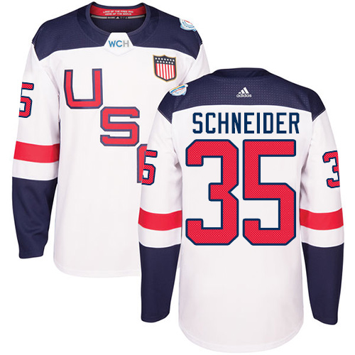 Youth Adidas Team USA #35 Cory Schneider Authentic White Home 2016 World Cup Hockey Jersey
