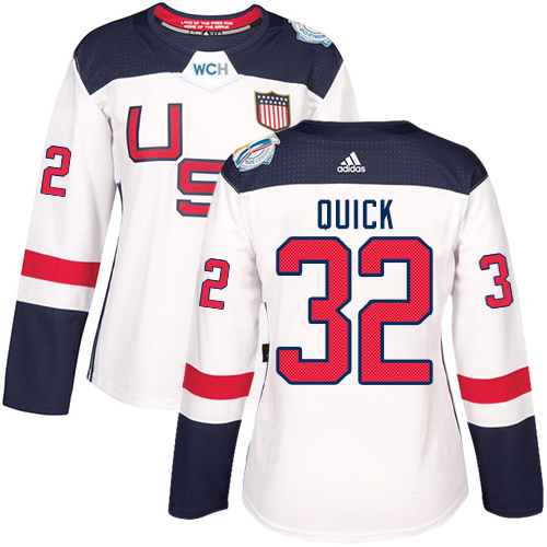 Women's Adidas Team USA #32 Jonathan Quick Authentic White Home 2016 World Cup of Hockey Jersey