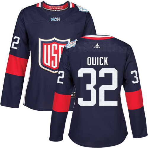Women's Adidas Team USA #32 Jonathan Quick Authentic Navy Blue Away 2016 World Cup of Hockey Jersey