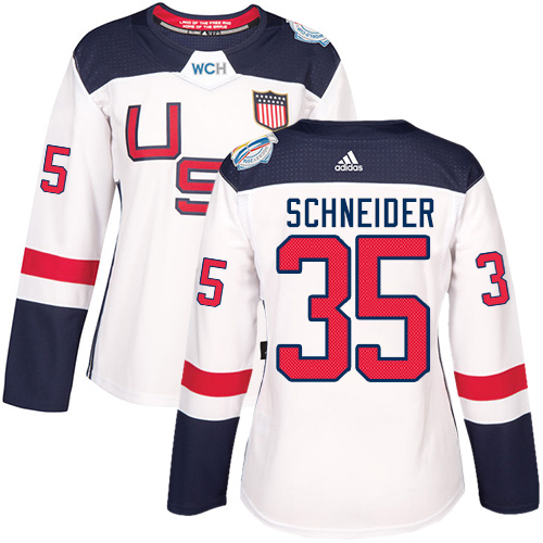 Women's Adidas Team USA #35 Cory Schneider Authentic White Home 2016 World Cup of Hockey Jersey