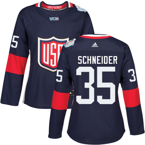 Women's Adidas Team USA #35 Cory Schneider Authentic Navy Blue Away 2016 World Cup of Hockey Jersey
