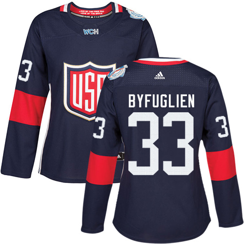 Women's Adidas Team USA #33 Dustin Byfuglien Authentic Navy Blue Away 2016 World Cup of Hockey Jersey